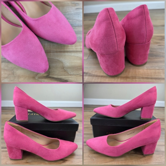 📃☔️🩵⏭️NIB Pink Suede Closed Toe Chunky Block Heel Shoes Size 8 - Picture 11 of 16